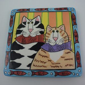 2000 Catzilla Candace Reiter Cats w Fish Ceramic Trivet Tile Excellent Condition